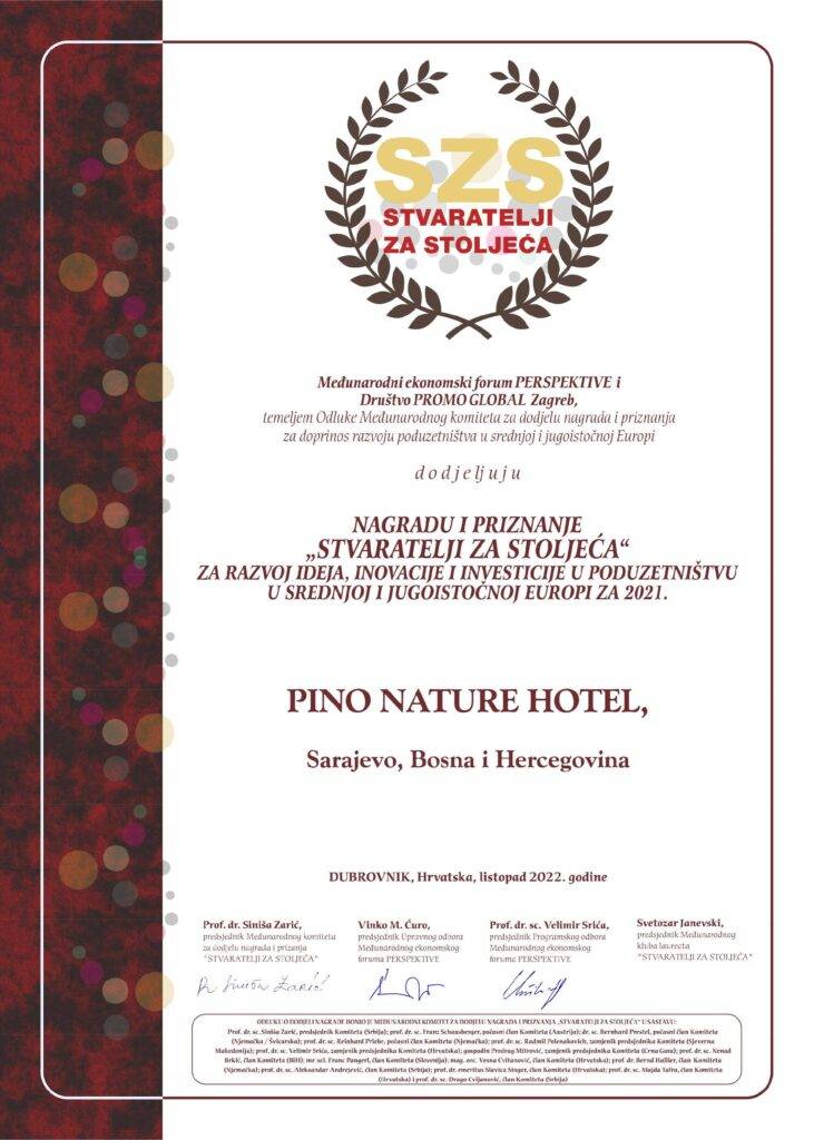 pino hotel sarajevo certificate