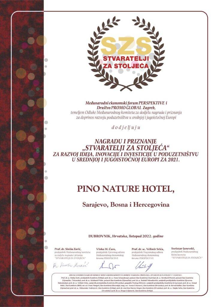 pino hotel sarajevo certificate